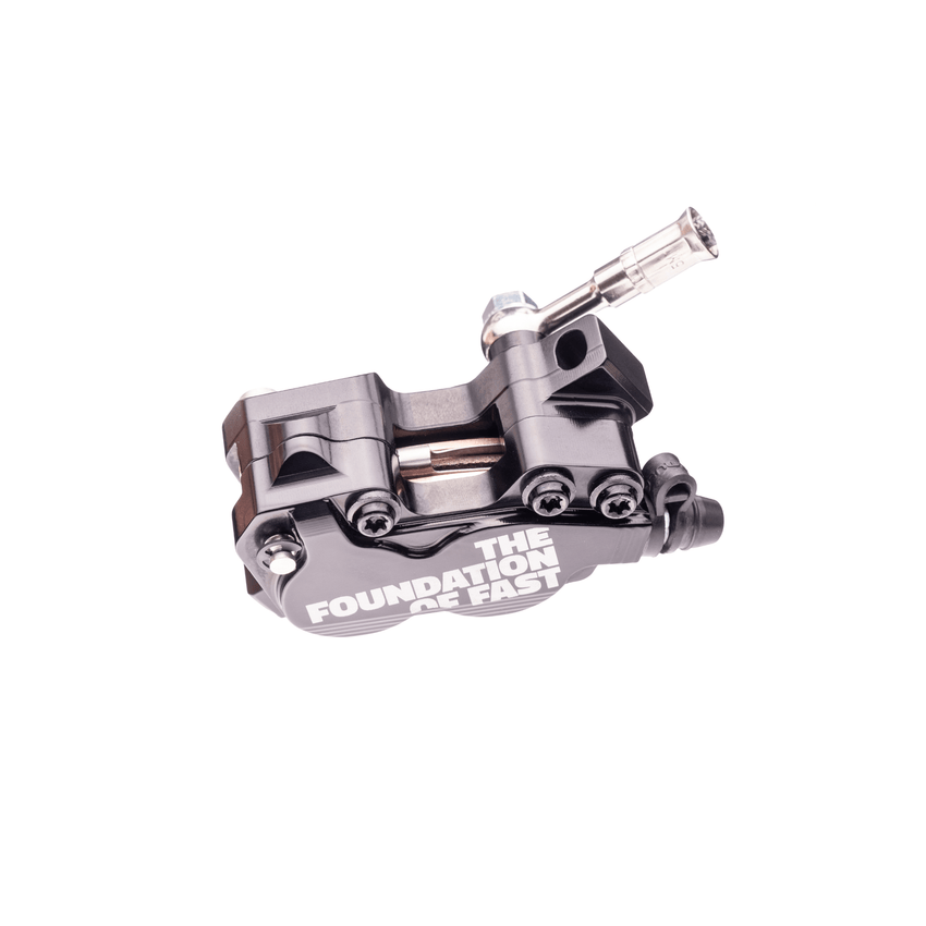 Formula EB7 brake calipers close-up – 4-piston design with sintered pad compatibility