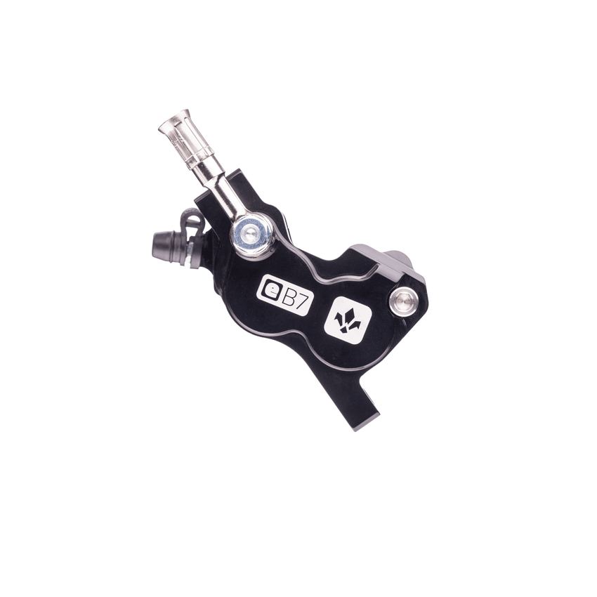 Formula EB7 e-moto brake caliper angled view with banjo fitting and hose bolt