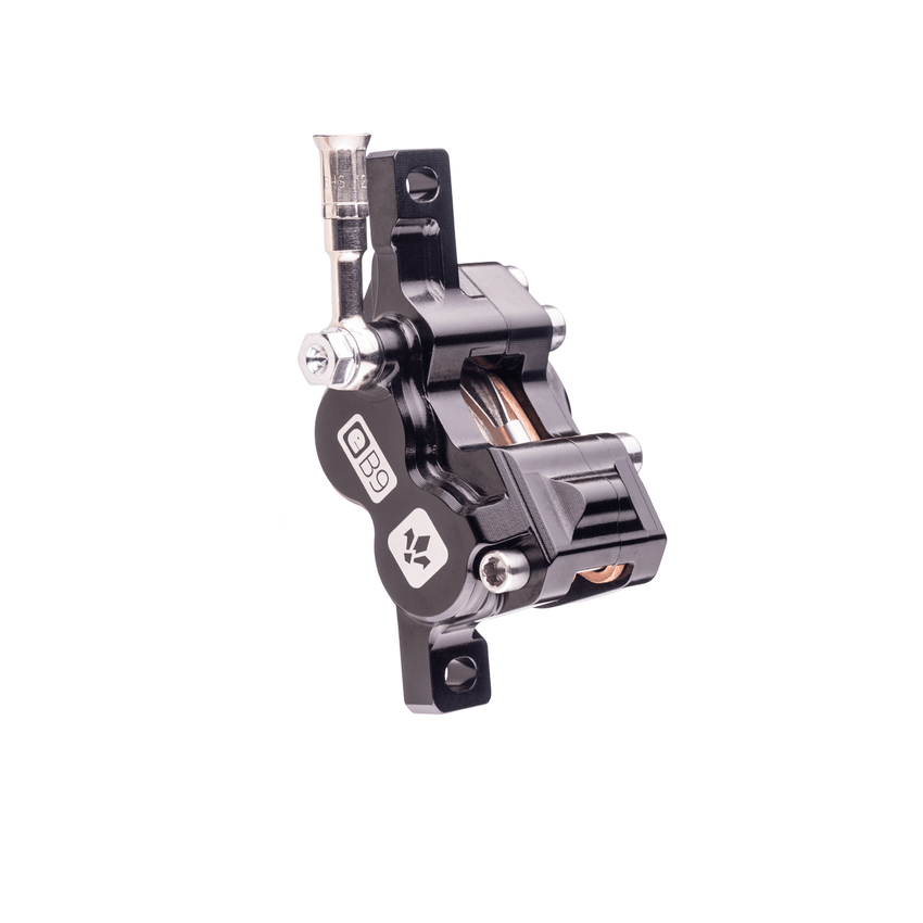 Formula EB9 brake caliper three-quarter view showing sintered pads and banjo fitting