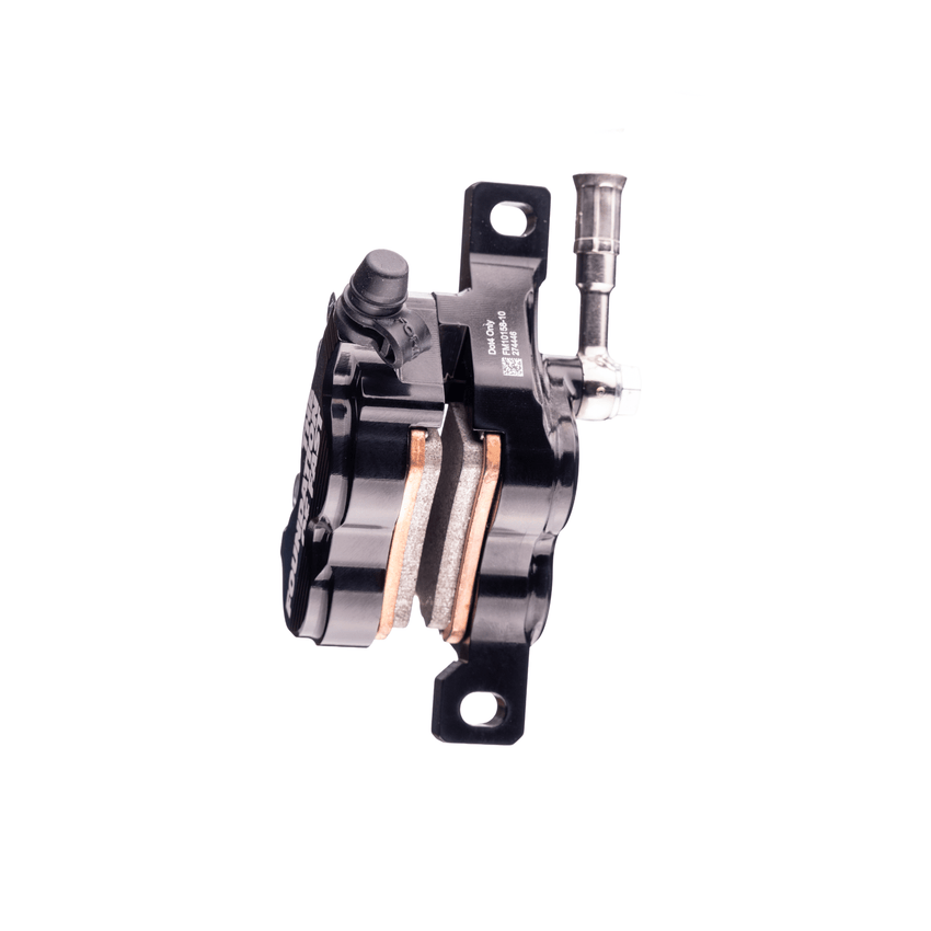 Formula EB9 brake caliper side view with brake pads and mounting tabs