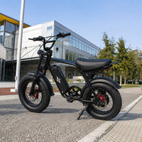 Freego Maxx M3 e-bike on kickstand by a modern office building