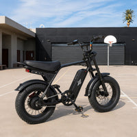 Freego Maxx M3 fat tire e-bike on a rooftop lot with basketball hoop