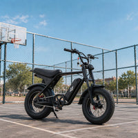 Freego Maxx M3 fat tire e-bike parked on an outdoor basketball court