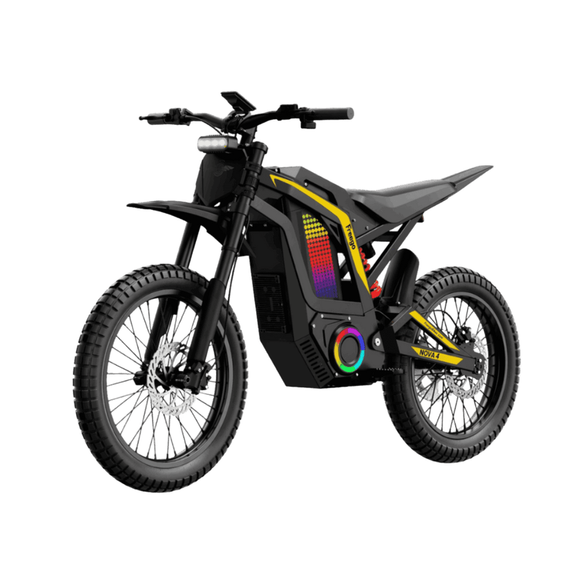 Freego Nova 4 electric dirt bike in black with RGB side panel lights, studio view