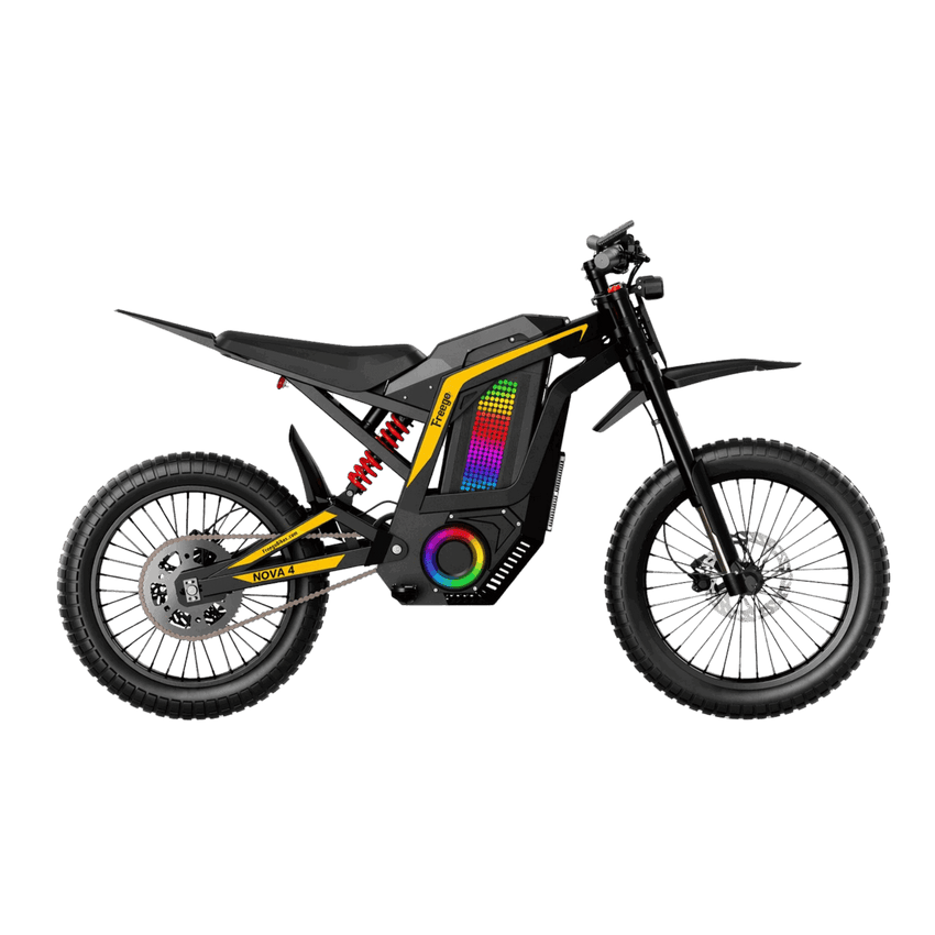Freego Nova 4 electric dirt bike, left side profile on white background