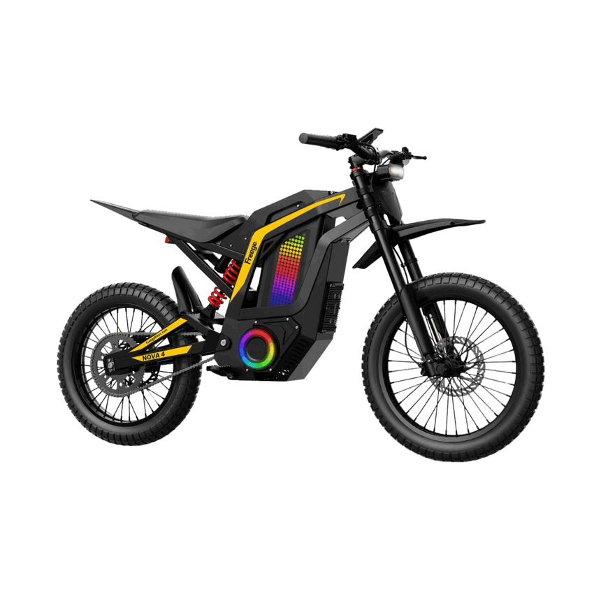 Freego Nova 4 electric dirt bike, right side profile with RGB lights