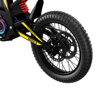 Freego Nova 4 electric dirt bike rear wheel, red shock and disc brake close-up