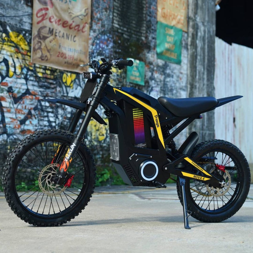 Freego Nova 4 electric dirt bike, front three-quarter view in an urban alley