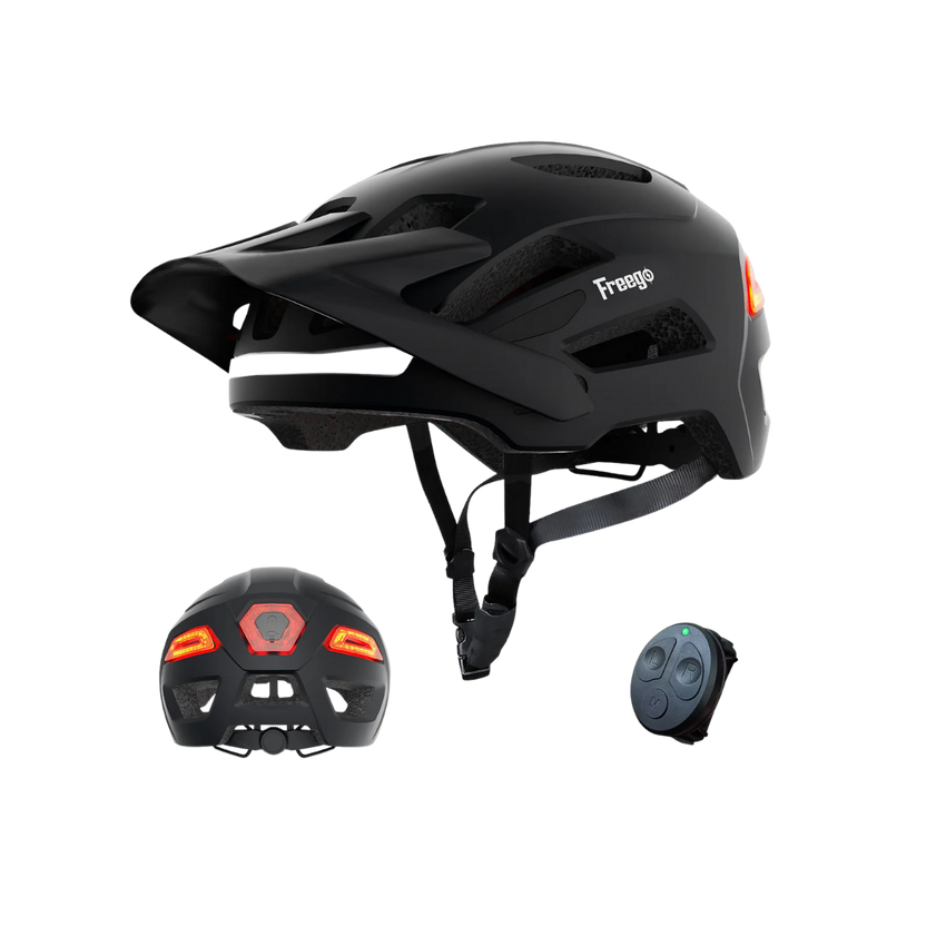 Freego Smart Bike Helmet in black with LED rear light and handlebar remote