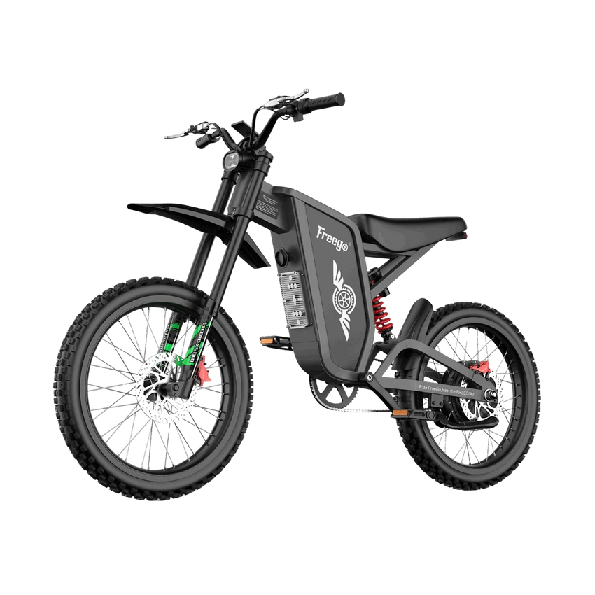 Freego X2 Pro electric dirt bike in dark gray, three-quarter side view on white background