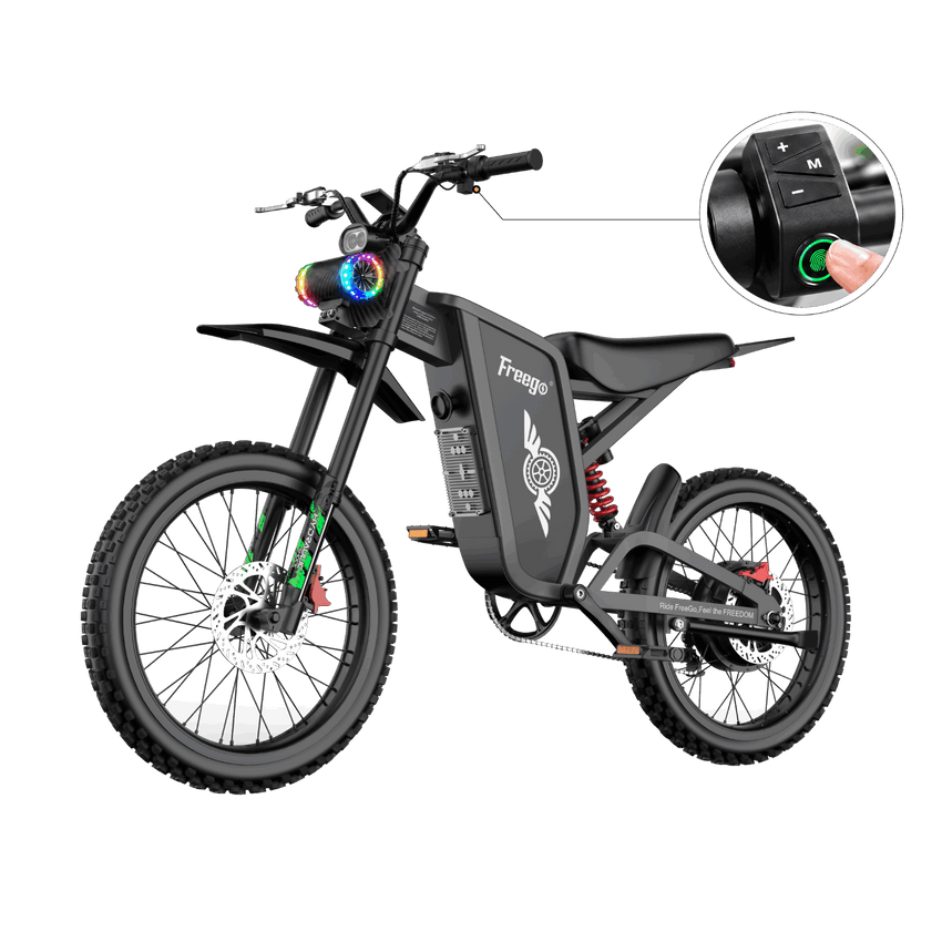 Freego X2 Pro Smart electric dirt bike in dark gray with handlebar Bluetooth speaker and fingerprint unlock button