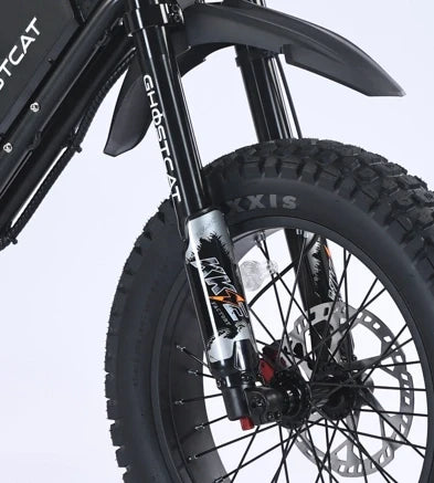 GhostCat KKE Front Fork installed on a bike with front tire and disc brake, close view