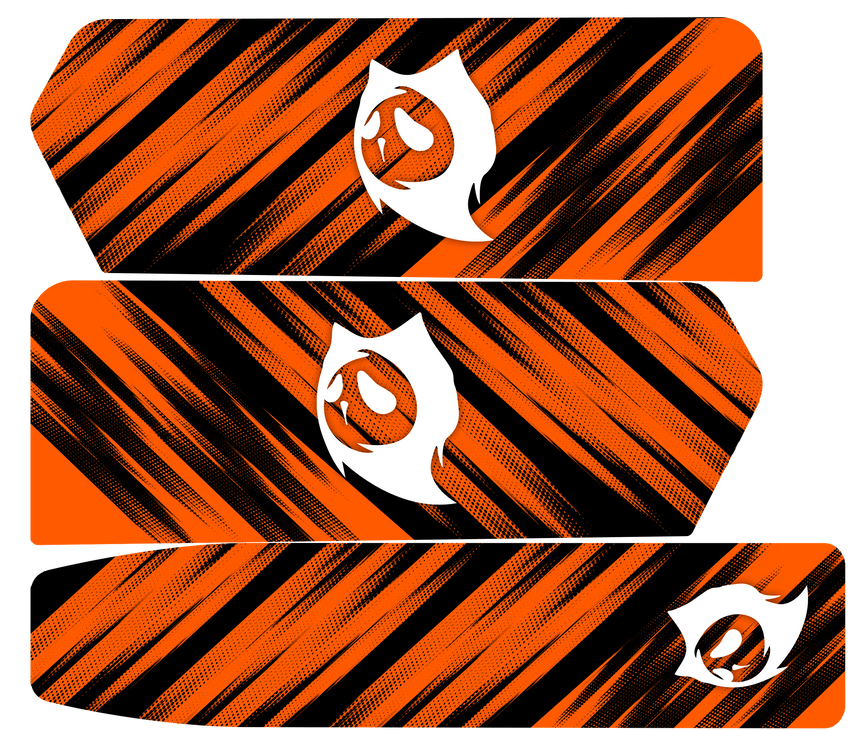 GhostCat Battery Decals 20Ah, Orange Ghost, orange streaks on black with ghost icons
