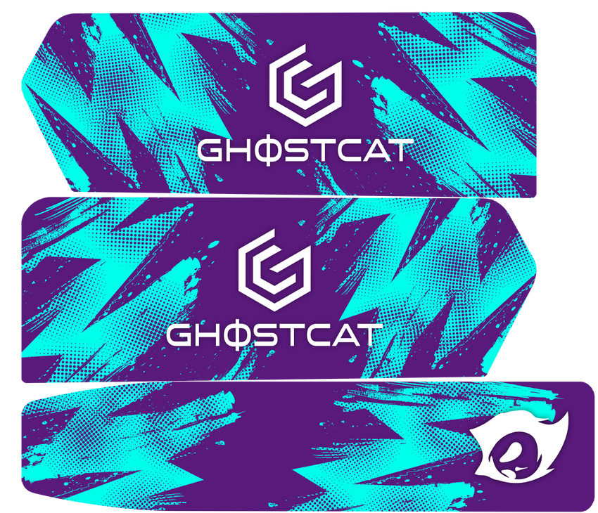 GhostCat Battery Decals 20Ah, Purple, cyan streaks on purple with ghost icon