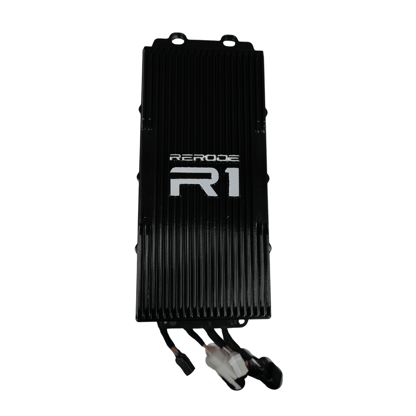 Rerode R1 Controller, black finned controller case with R1 logo and wiring connectors