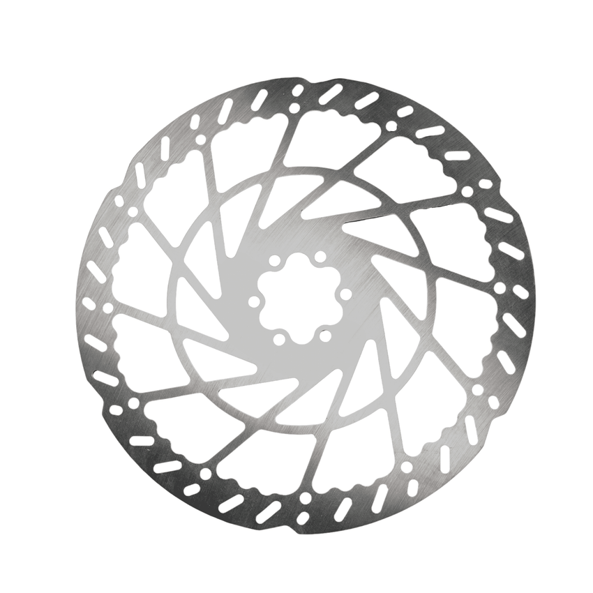 Rerode R1 Plus Front Brake Disc, silver drilled brake rotor, face view