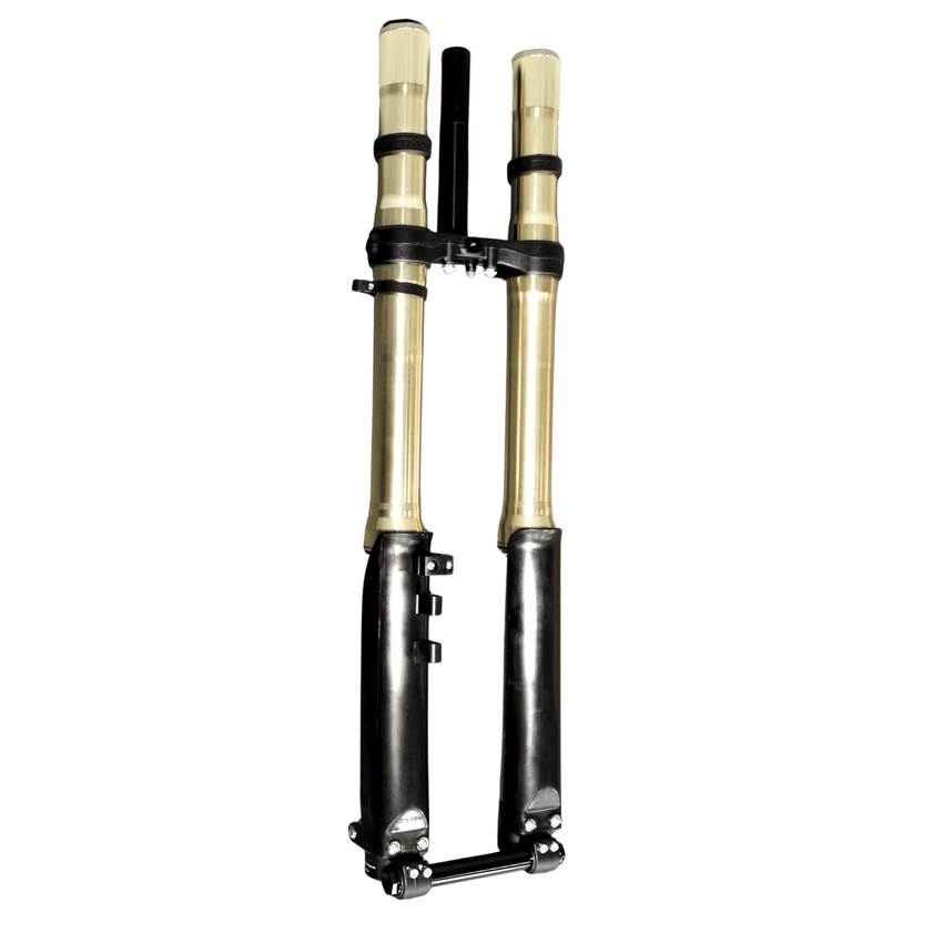 Rerode R1 Plus Front Fork, pair of fork legs with gold-tone upper tubes and triple clamps