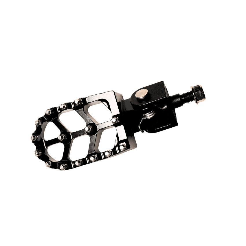 Rerode R1/R1 Plus Left Foot Peg, black and silver spiked foot peg with mounting bracket, angled view