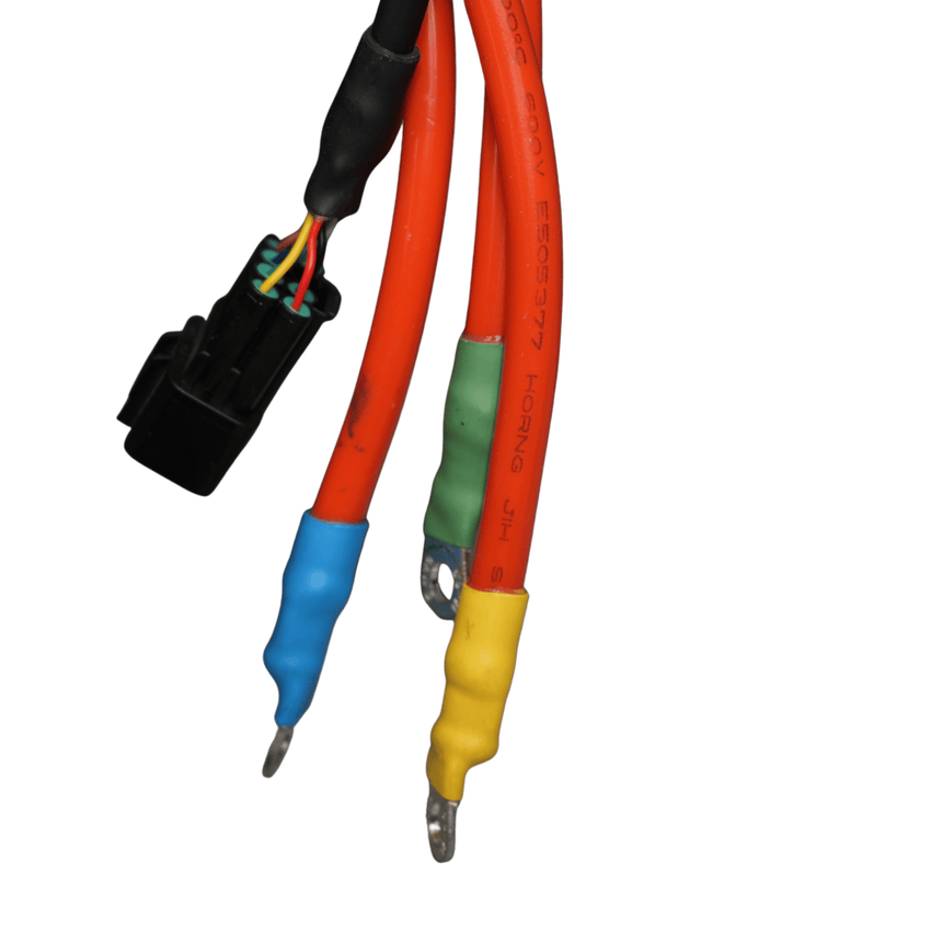 Rerode R1 Plus Motor, close-up of orange phase cables with color-coded ends and connector