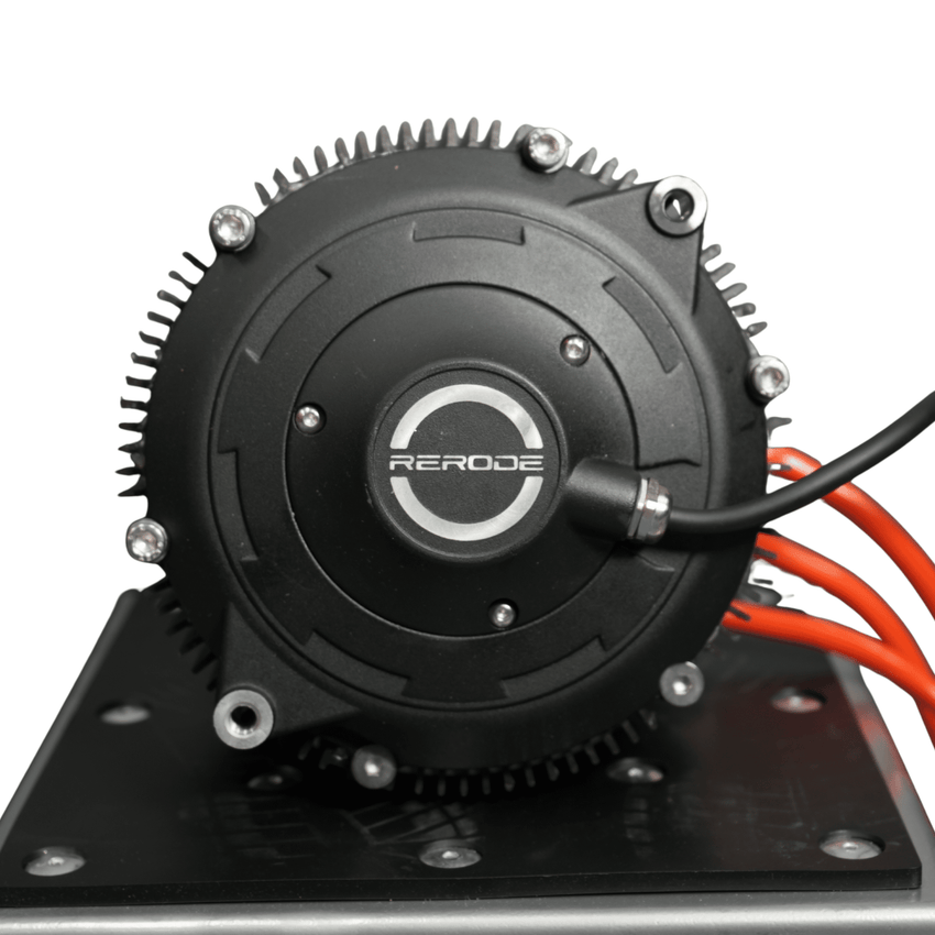Rerode R1 Plus Motor, motor face with Rerode logo and orange cables, on stand