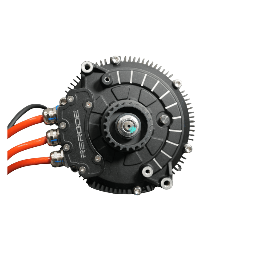 Rerode R1 Plus Motor, motor rear face with output shaft and orange cables