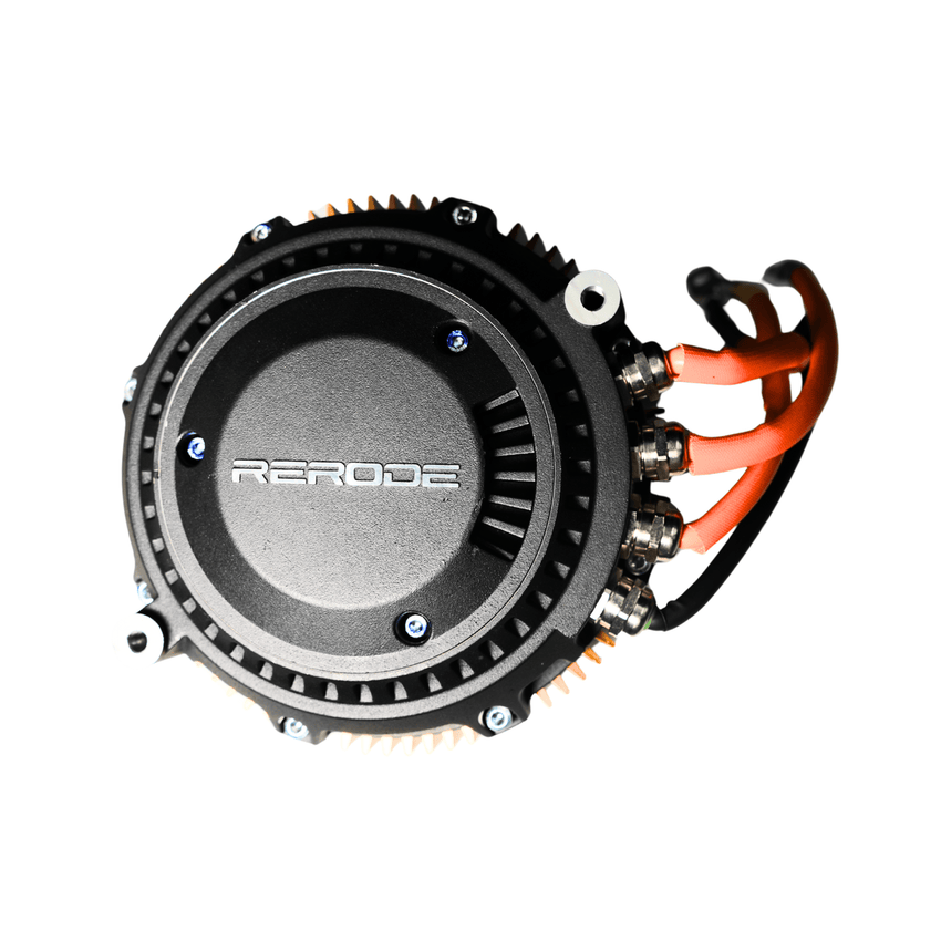 Rerode R1 8kw Motor, motor face with Rerode logo and orange phase cables