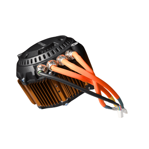 Rerode R1 8kw Motor, motor rear view with orange phase cables and finned casing