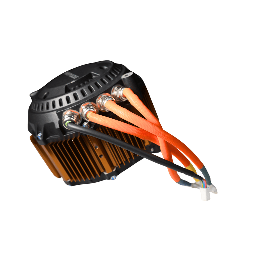 Rerode R1 8kw Motor, motor rear view with orange phase cables and finned casing
