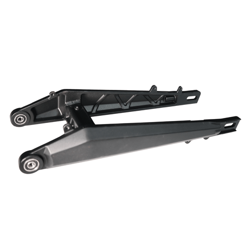 Rerode R1/R1 Plus Swingarm, black swingarm, angled view showing pivot and axle slots