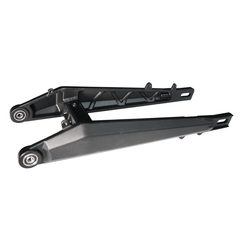 Rerode R1/R1 Plus Swingarm, black swingarm, angled view showing pivot and axle slots