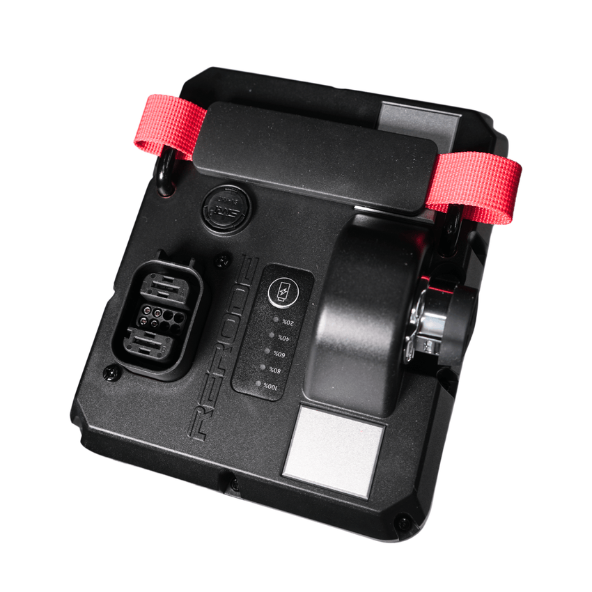 Rerode R1 Battery, battery top panel with connectors, gauge and red straps