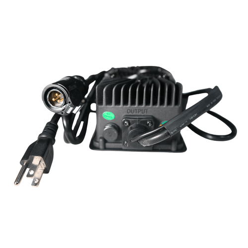 Rerode R1 Charger, black charger with AC plug and output connector, angled view