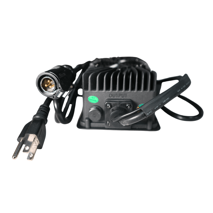 Rerode R1 Charger, black charger with AC plug and output connector, angled view