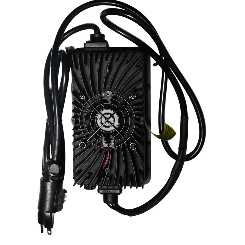 Rerode R1 Charger, black finned charger with cooling fan and coiled cables, top view