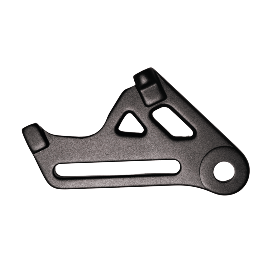 Rerode R1/R1 Plus Rear Brake Bracket, black rear brake bracket with cutouts, long slot and round hole, side view