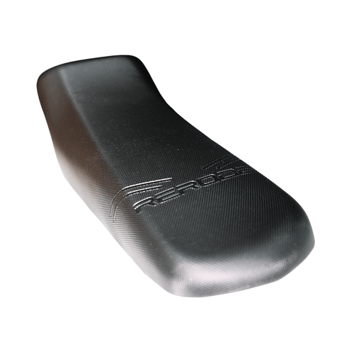 Rerode R1 Seat, black seat cover with embossed logo, angled side view