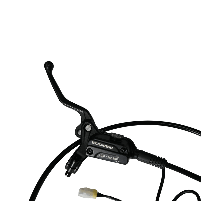 Rerode R1/R1 Plus Rear Brake Assembly, close-up of black brake lever and master cylinder