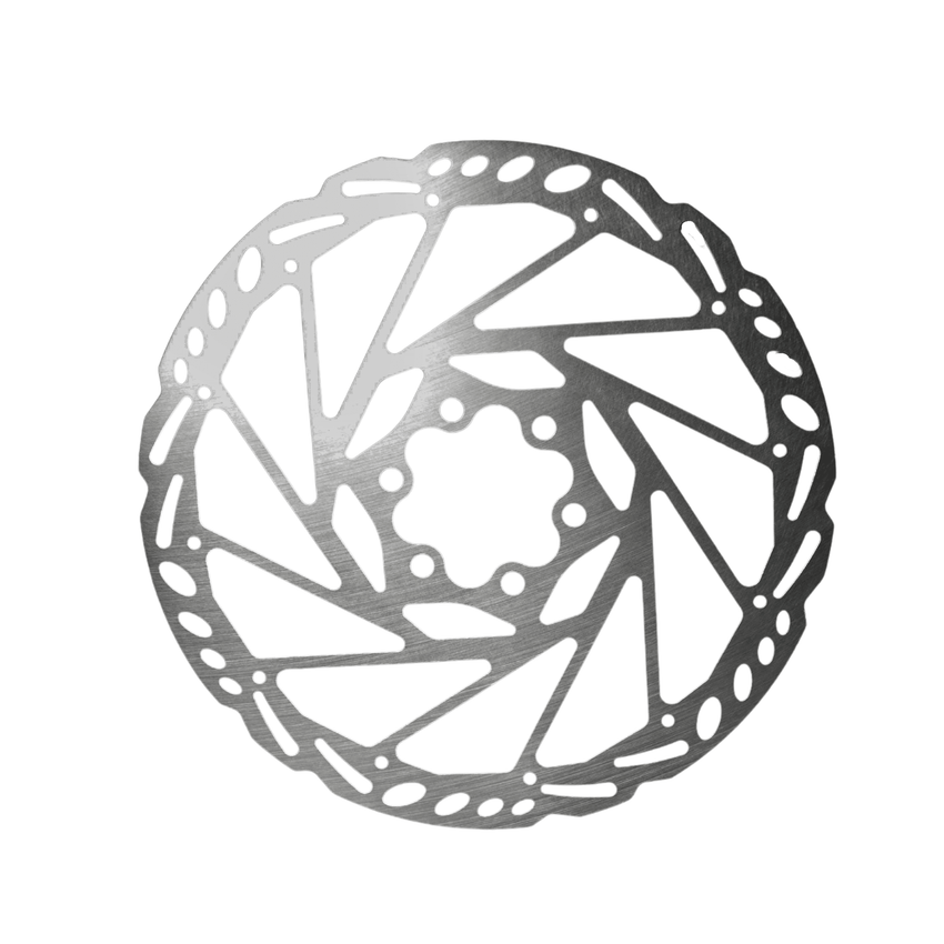 Rerode R1 Plus Rear Brake Disc, silver drilled brake rotor, face view