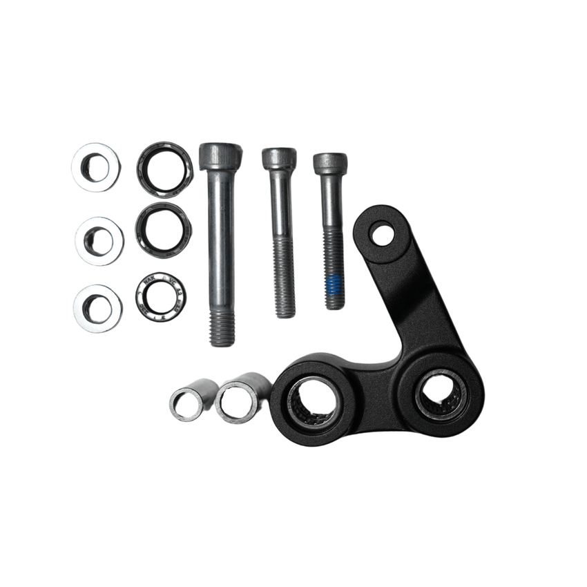 Rerode R1/R1 Plus Rear Shock Linkage Assembly, black linkage arm with bolts, washers and nuts laid out