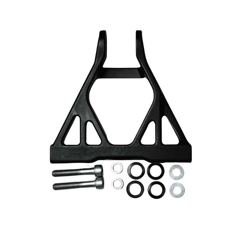 Rerode R1/R1 Plus Rear Shock Linkage Connector Triangle, black triangle linkage with bolts, washers and nuts