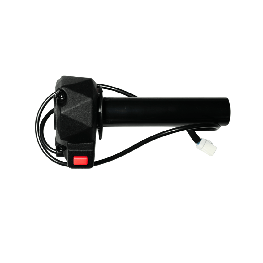 Rerode R1/R1 Plus Throttle, black twist throttle grip with red switch button and wiring lead, angled view