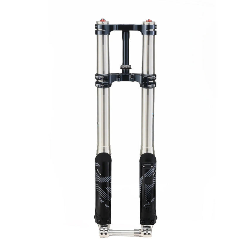 RFloXa TK43 front fork kit with silver stanchions and black triple clamps