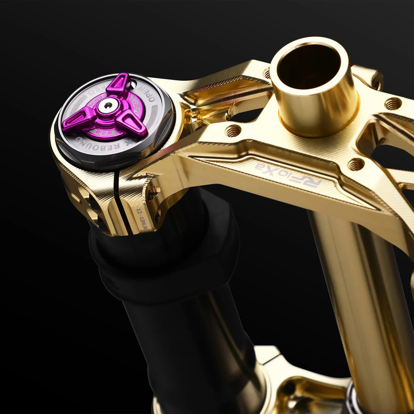 RFloXa Hawk31 Max Gold fork purple top cap adjuster on gold crown