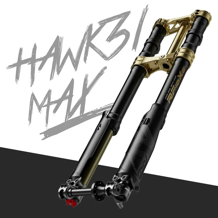 RFloXa Hawk31 Max Gold inverted fork, three-quarter view