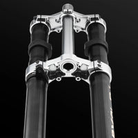 RFloXa Hawk32 silver triple clamps and stanchions, close-up
