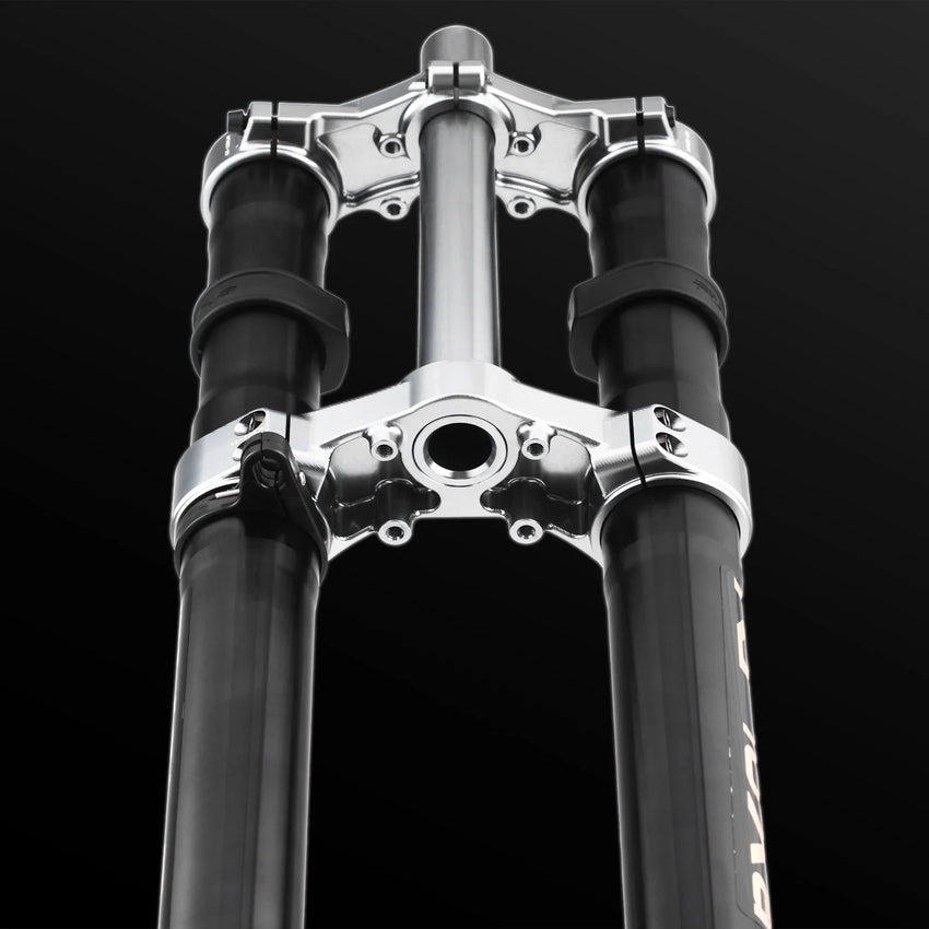 RFloXa Hawk32 silver triple clamps and stanchions, close-up