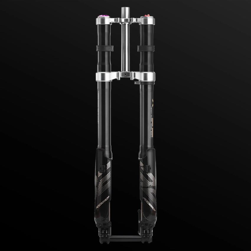 RFloXa Hawk32 inverted fork with silver triple clamps, front view