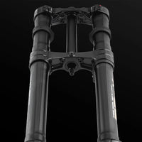 RFloXa Hawk36 Max black triple clamps and stanchions, close-up
