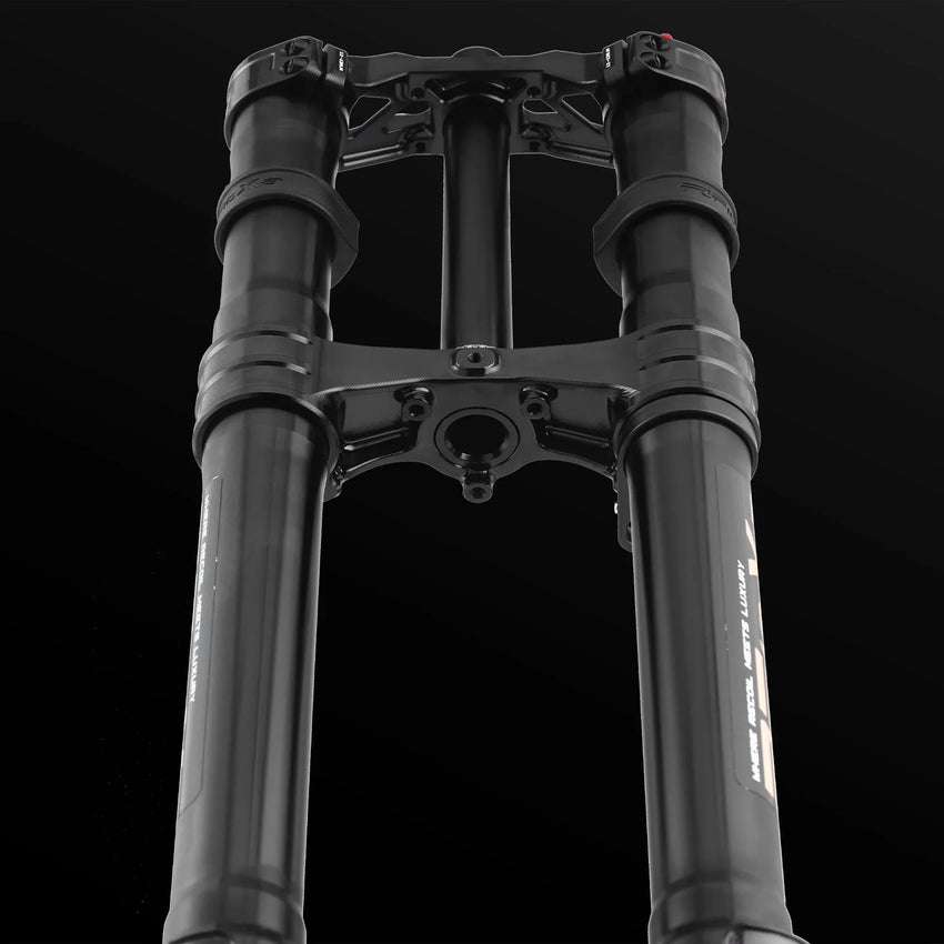 RFloXa Hawk36 Max black triple clamps and stanchions, close-up