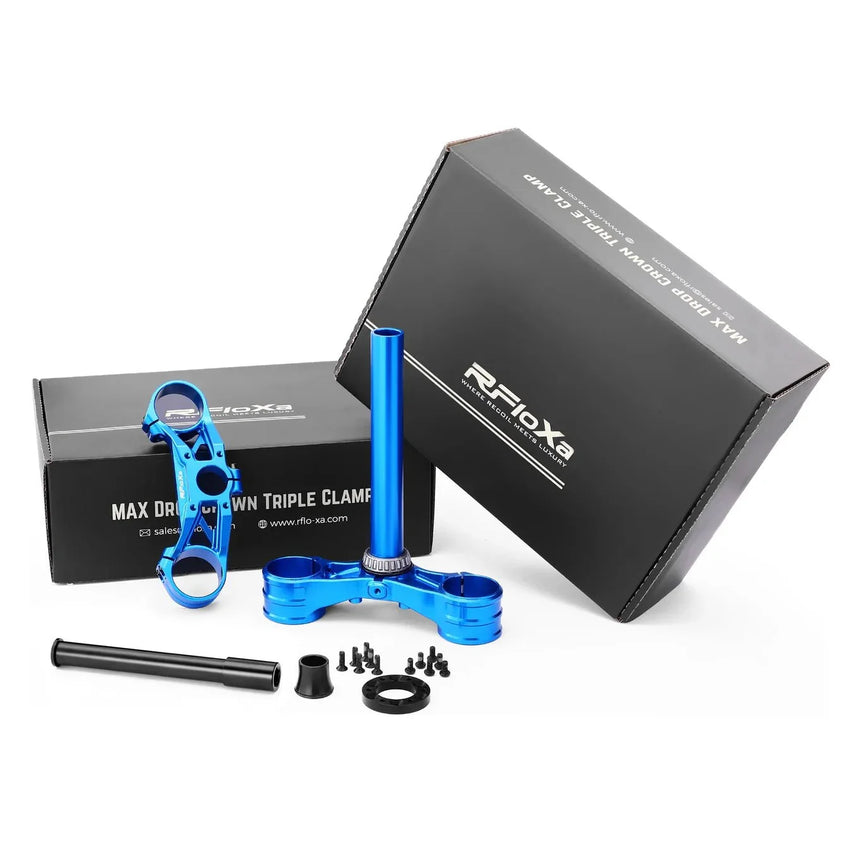 RFloXa Max drop crown triple clamp kit in blue with retail box